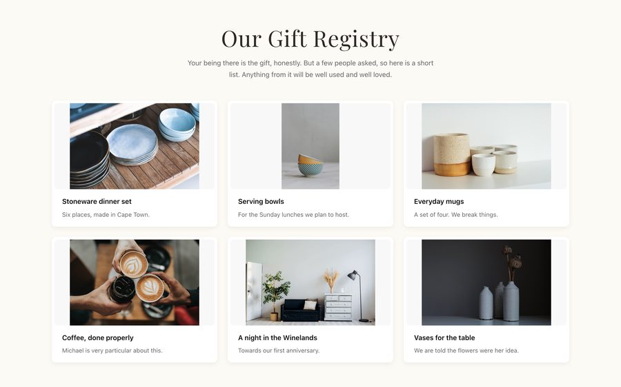 A wedding gift registry built with Pylon, showing six gifts with notes from the couple