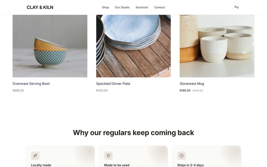 An online store built with Pylon, showing three ceramic products with prices in rand